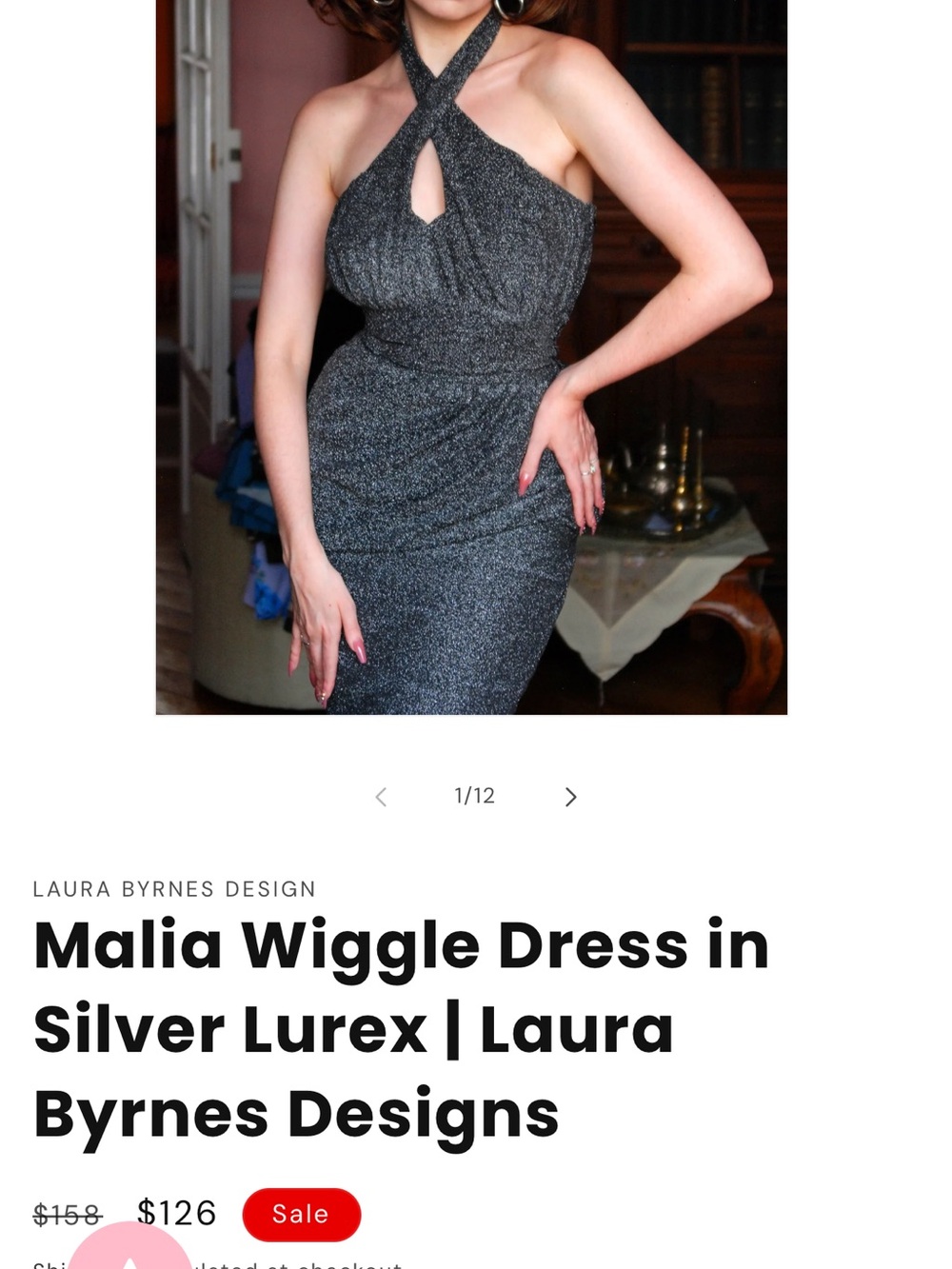 Malia wiggle dress in silver lurex Laura Byrnes designs HOOK AND EYE DEFECT